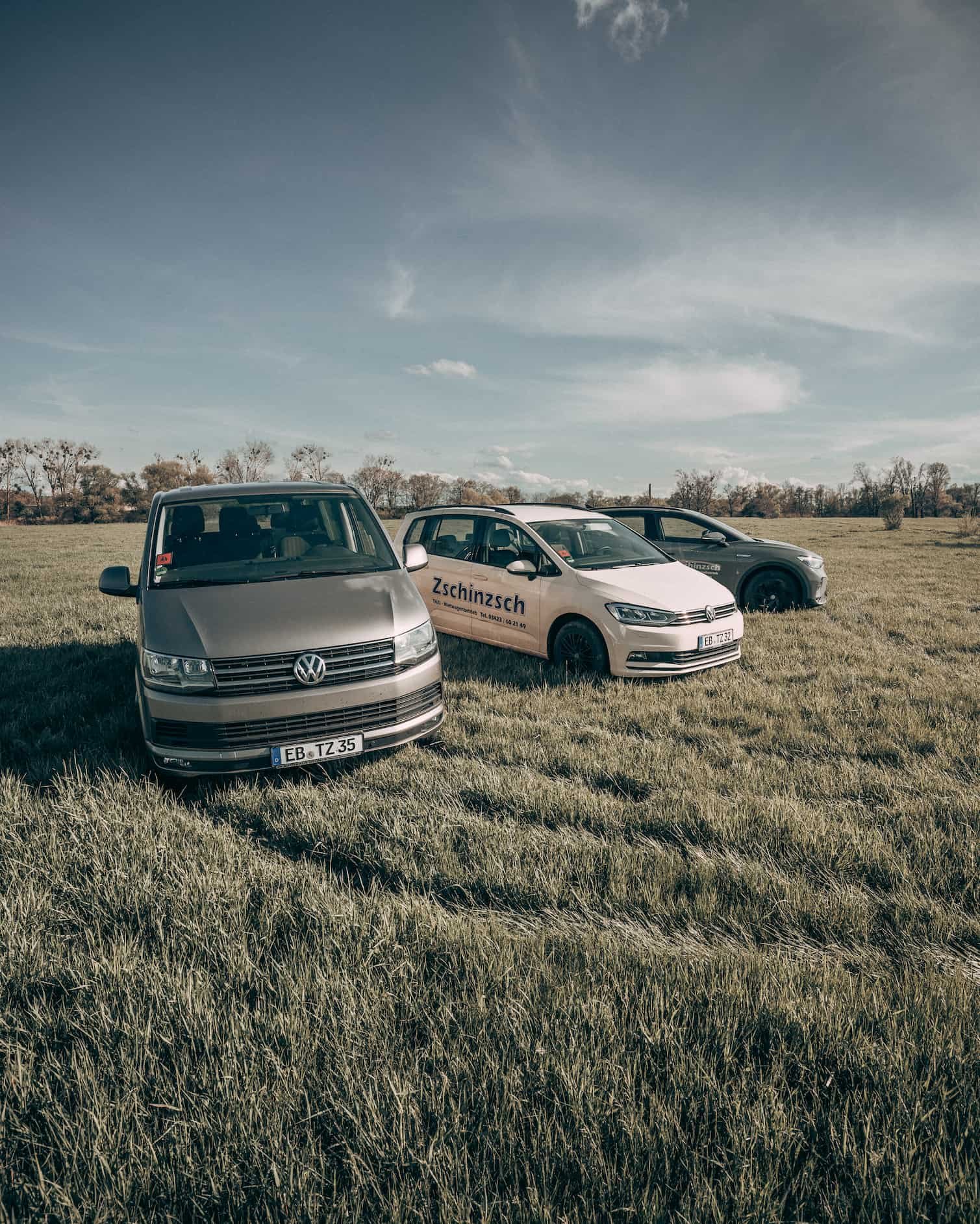 VW Multivan, Touran und Kombi von Taxi Zschinzsch auf einer Wiese